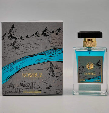 NOWRUZ نوروز perfume bottle and packaging with mountain and river design, 50ml extrait de parfum.
